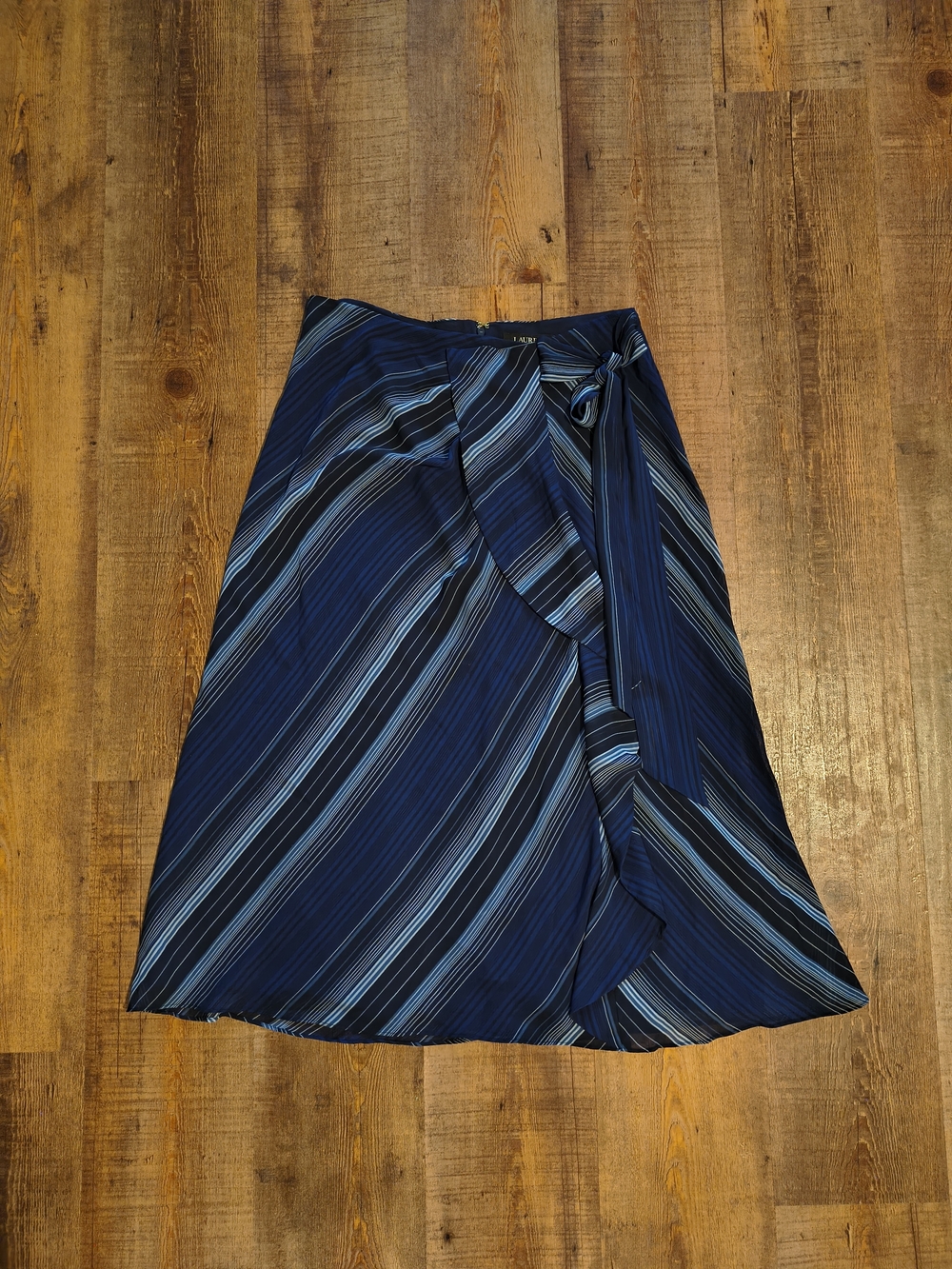 Ralph Lauren Navy Blue Striped Midi Wrap Tie Flowy Loose Midi Skirt Size 6